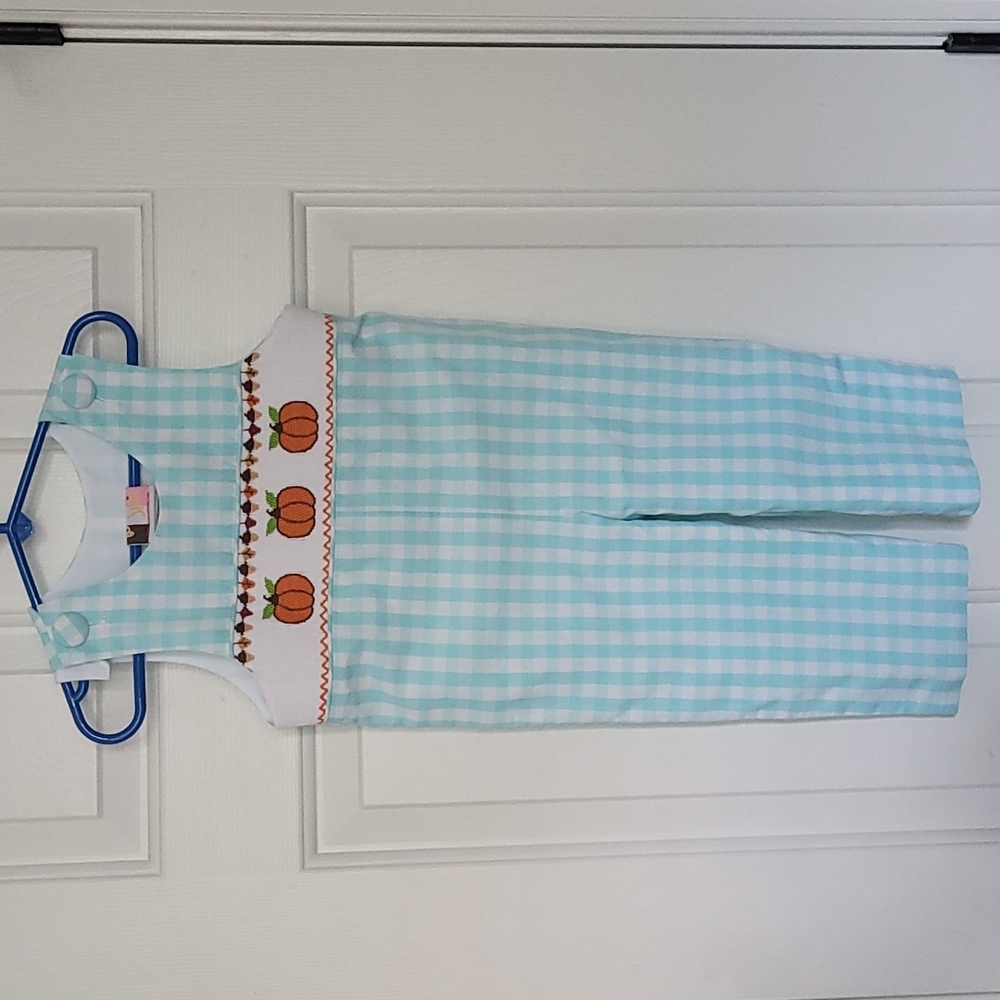 NWT aqua white gingham longall, pumpkin acorn smocked, 18 months